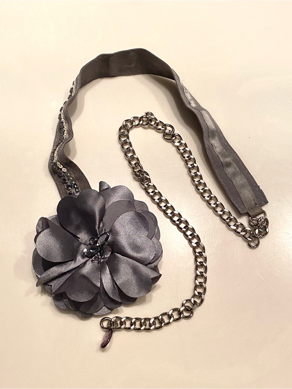 Women's Grey Satin Flower Belt with Chain Accent